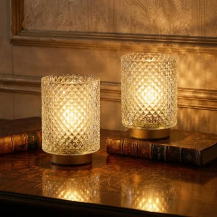 Battery Decorative Operated Lamp, Small Accent Table Lamp with Timer for Bedside/shelf, Cordless Glass Ambience Lamp with Warm