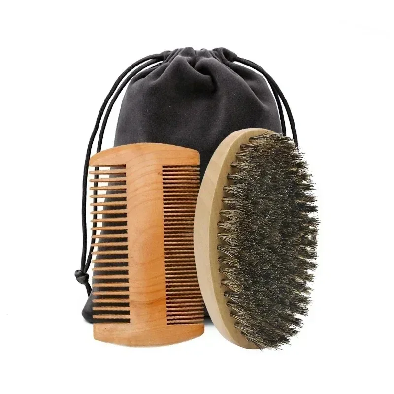 

2pcs Professional Soft Boar Bristle Wood Beard Shaving Brush Men Mustache Comb Kit With Gift Bag Hairdresser Brush Hair Combs