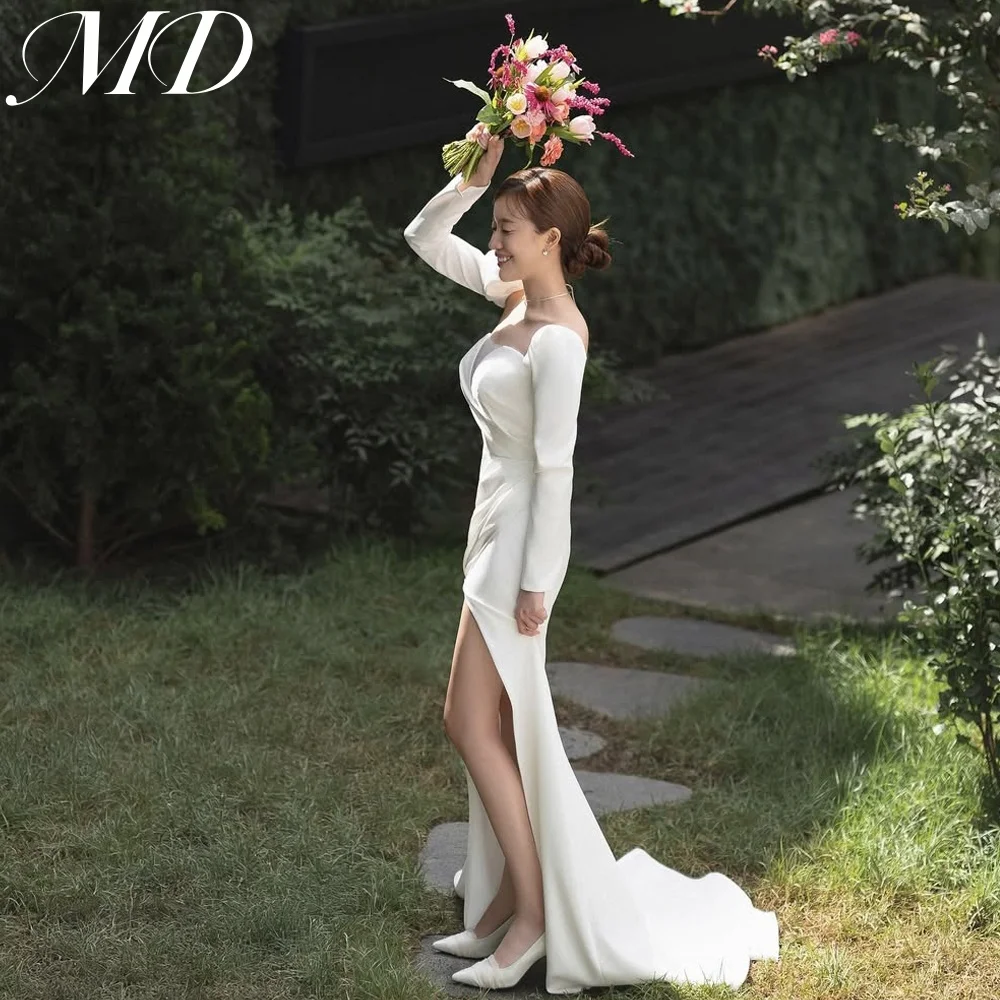MD Elegant Mermaid Wedding Dress 웨딩드레스 Satin Long Sleeve Side High Slit Korea Photoshoot Bridal Gown Court Train Customized