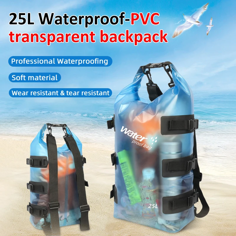 

25L Half Transparent PVC Waterproof Swimming Bag Waterproof Backpack For Canoe Kayak Rafting Swimming Travel Kit Sack Backpack
