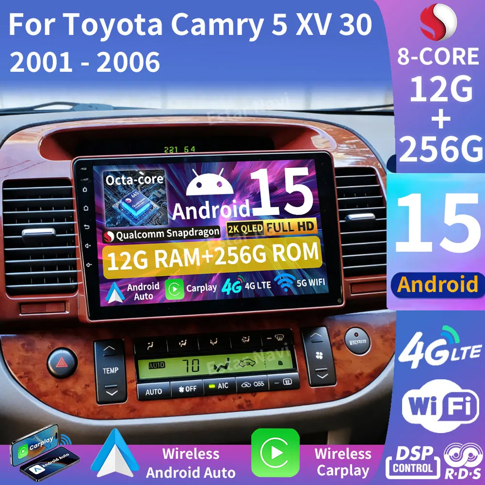 Android 15 Car Radio For Toyota Camry 5 XV 30 2001 - 2006 Wireless Carplay Auto GPS Multimedia Player Navi Head Unit Stereo QLED