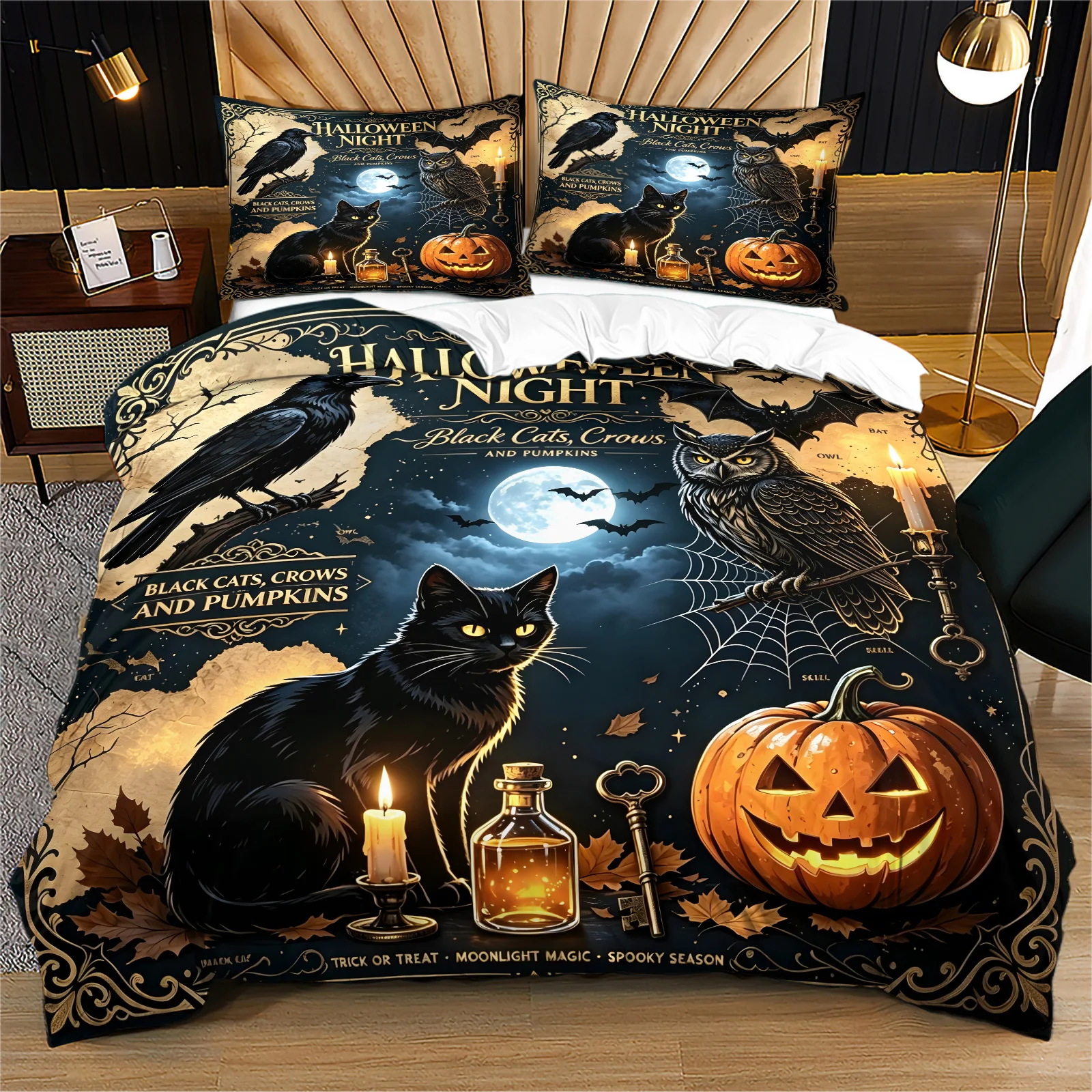Halloween Night Duvet Cover Set Vintage Gothic Black Cat Crow Owl Pumpkin Bedding Set Moon Bat Retro Halloween Home Decoration