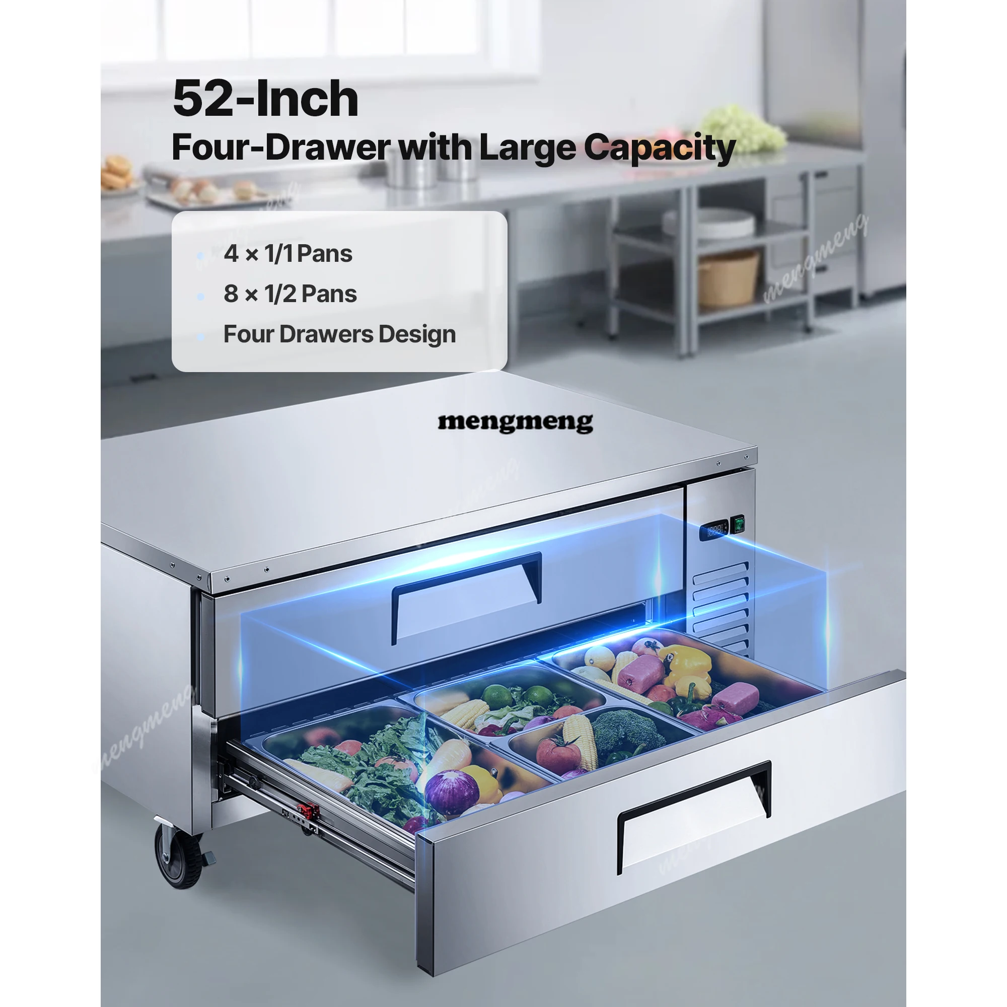 Chef Base Refrigerator 52 Inch W Commercial Chef Bases Worktop Refrigerators 2-Drawer Under Counter Fridge with 8 Pans