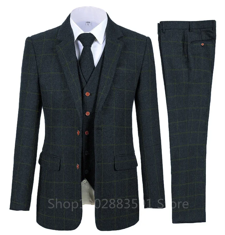 3 Piece Men\'s Suits Bussiness Formal Notch Lapel Groomsmen Woolen Plaid Tuxedos for Party Activities Wedding (Blazer+Vest+Pant)