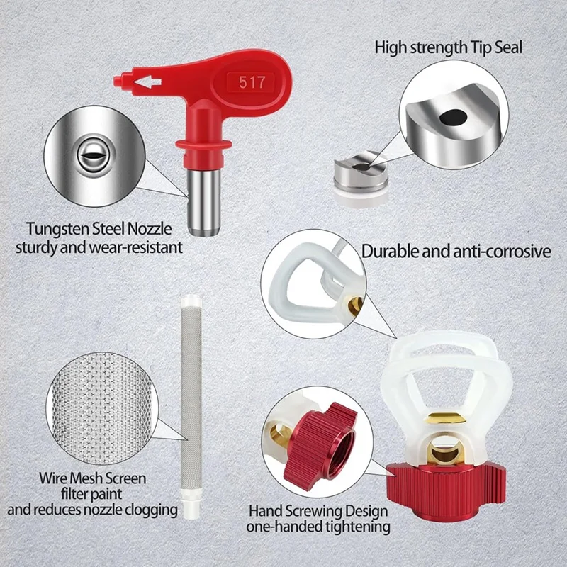 Panas! Ujung nozel cat semprot tanpa udara bolak-balik, dengan pelindung ujung nozel kursi & filter semprotan cat untuk semprotan tanpa udara