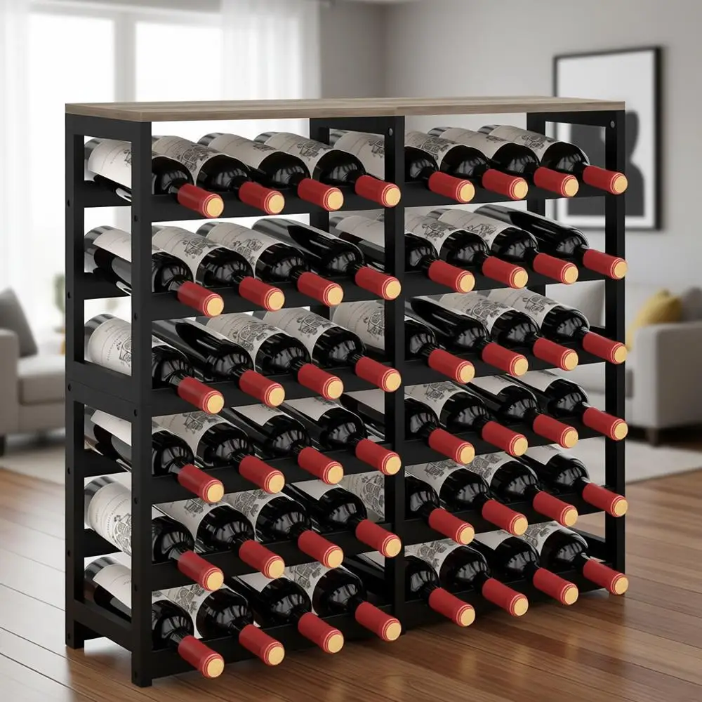 

6-ярусная бамбуковая подставка для вина, вместимость 48 бутылок, элегантный декор для дома, кухни, бара, столовой, гостиной, цвета слоновой кости и черный