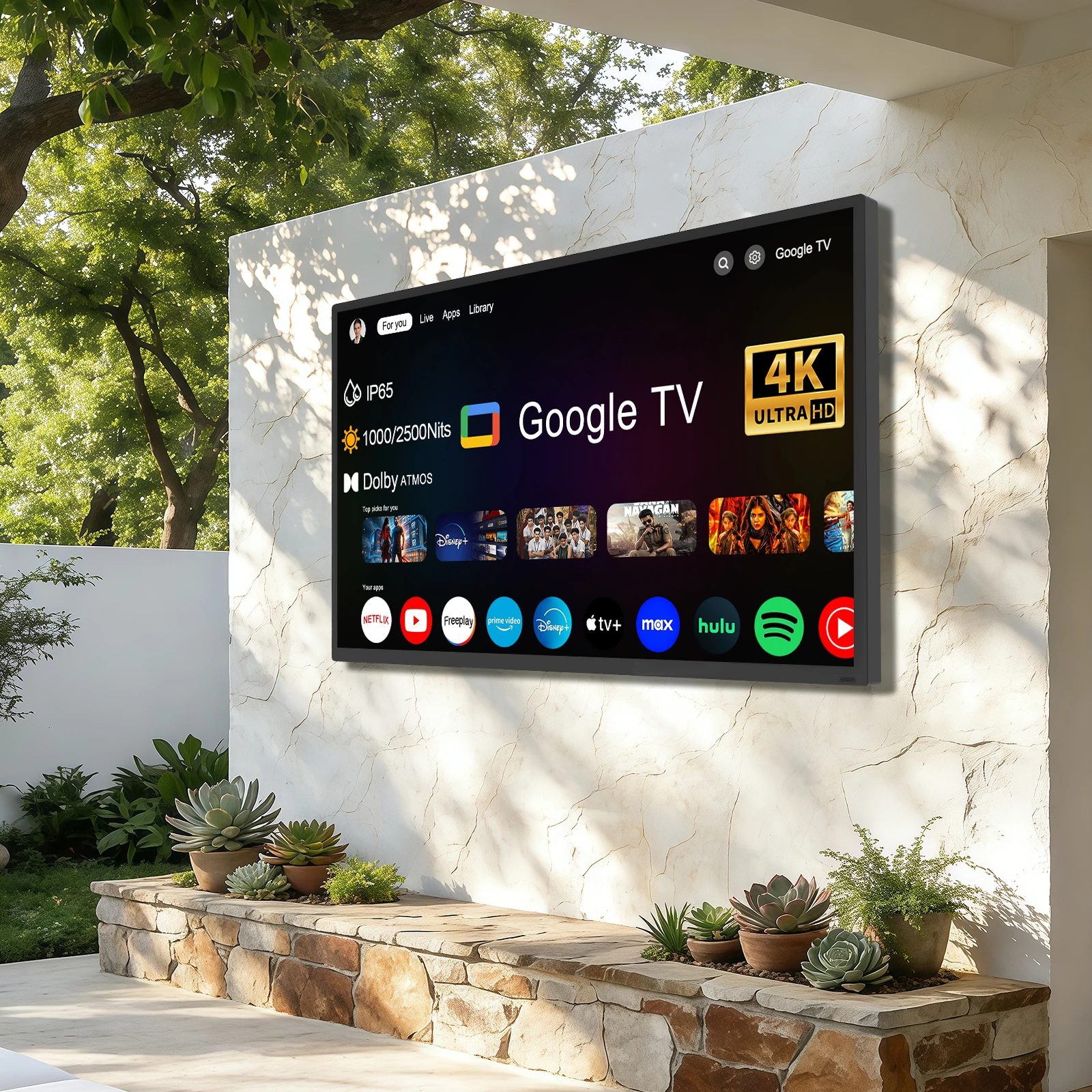 2500nits Outdoor TV 4K Weatherproof Television for Outside Partial Sun with Voice Control Smart TV Advertising Display