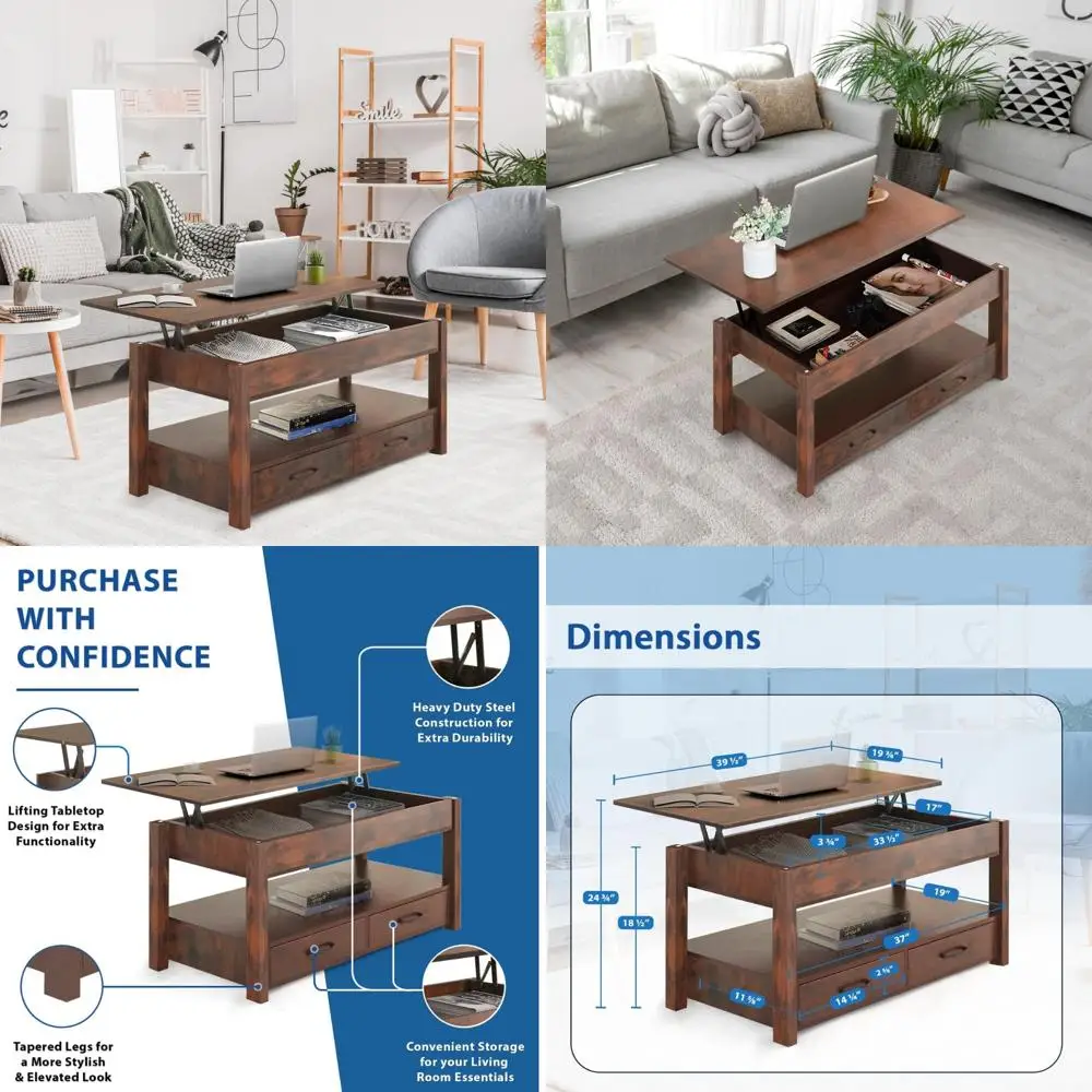 

Rising Top Coffee Table with Secret Compartment and Dual Storage Shelves - Living Room Dining Table for Space-Saving Lifttop Des