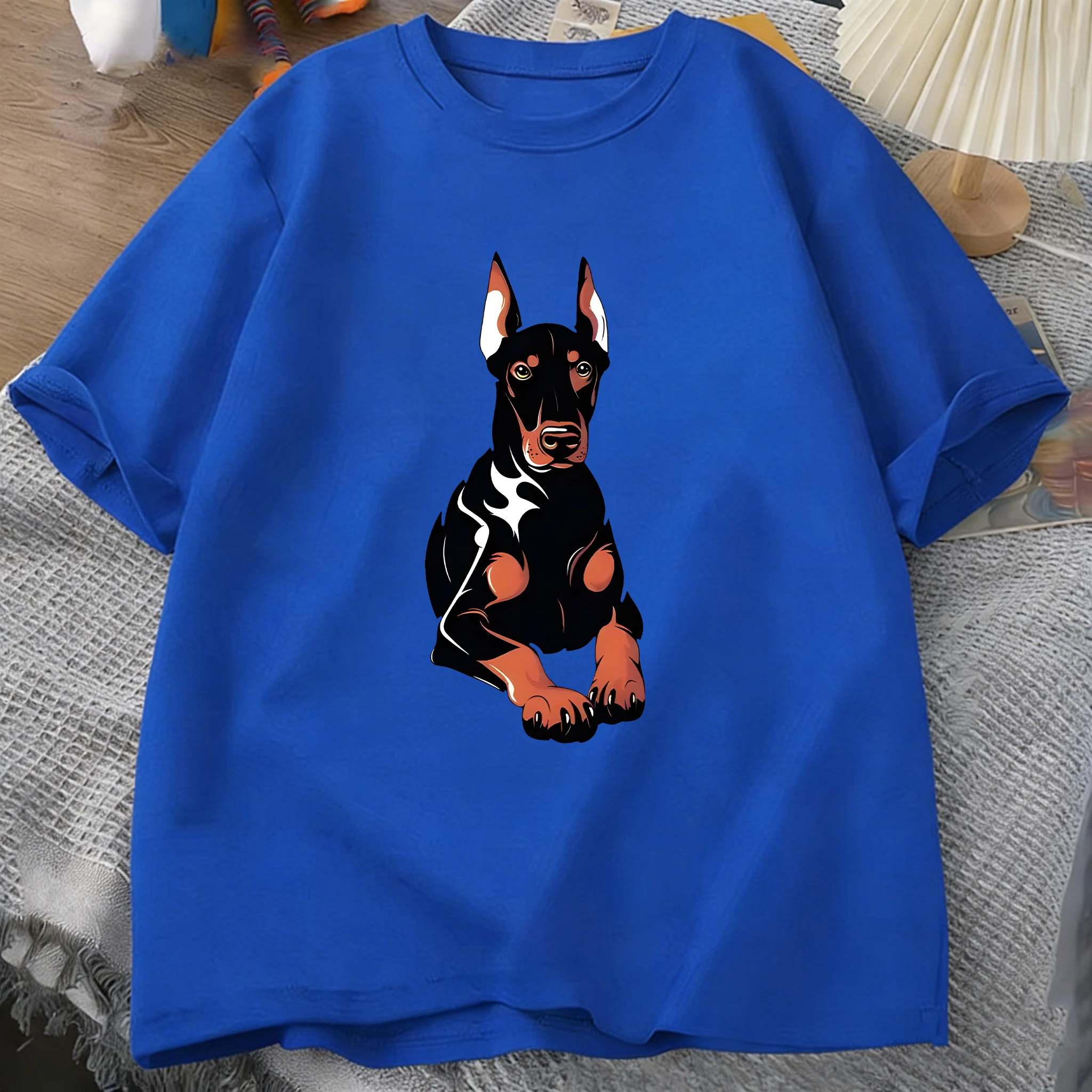 Doberman Dog bedruckte Baumwoll-T-Shirts für Herren, Sommer, übergroßes Kurzarm-T-Shirt mit O-Ausschnitt, bequeme, weiche Oberteile, einfache Herrenkleidung
