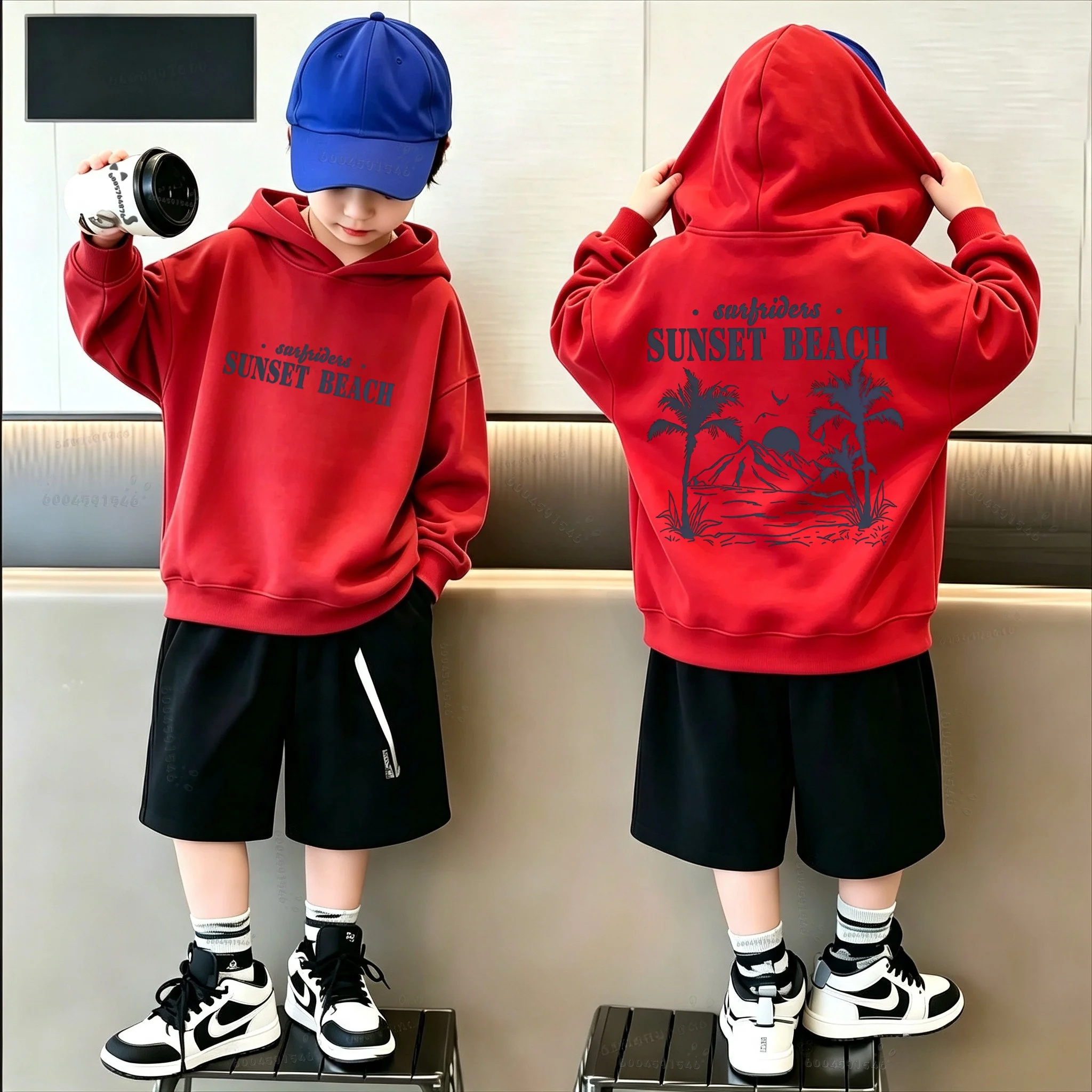 Latest trend - Beach Sunset Double-Sided Printed Children's Hooded Sweatshirt - Daily Casual Loose-Fitting Pullover Sweater