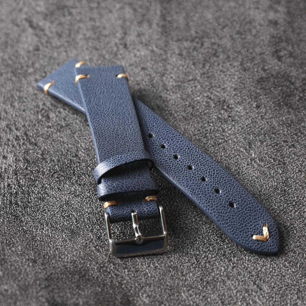 French Goatskin Strap, Handmade Blue Leather 20MM, Soft Style, Fine Leather Vintage Style Bracelet, Suitable For Antique Watches