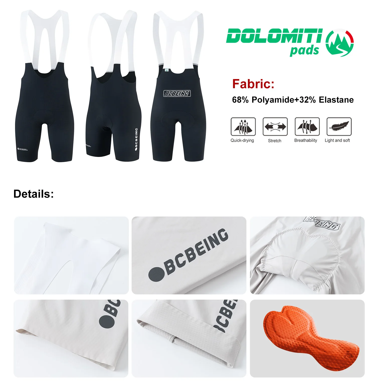 BCBE-ING PRO RACE Training Radsport-Trägerhose Leichtes Schnelltrocknendes Atmungsaktives Gewebe Mit Italienischem 120kg Dolomiti-Dichte-Polster – Detail 2