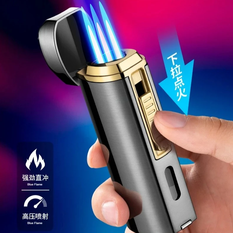Metal 3Flames Directly Strike Cigar Lighter Powerful Intensity Wear-resistant and Windproof Dual Flames Cigar Accessories)