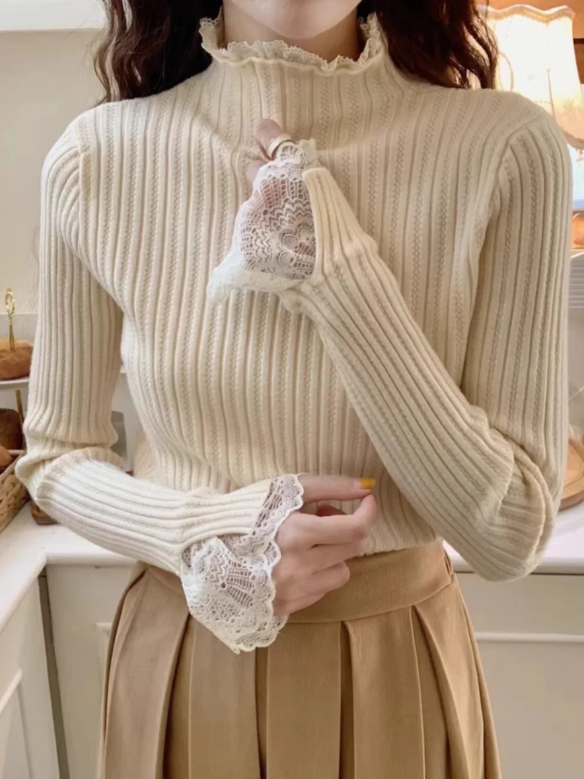 

Elegant Lace Trim Knitted Long Sleeve Half High Neck Sweater Women's Slim Fit Style Commute Fashion Korean Version Base Shirt