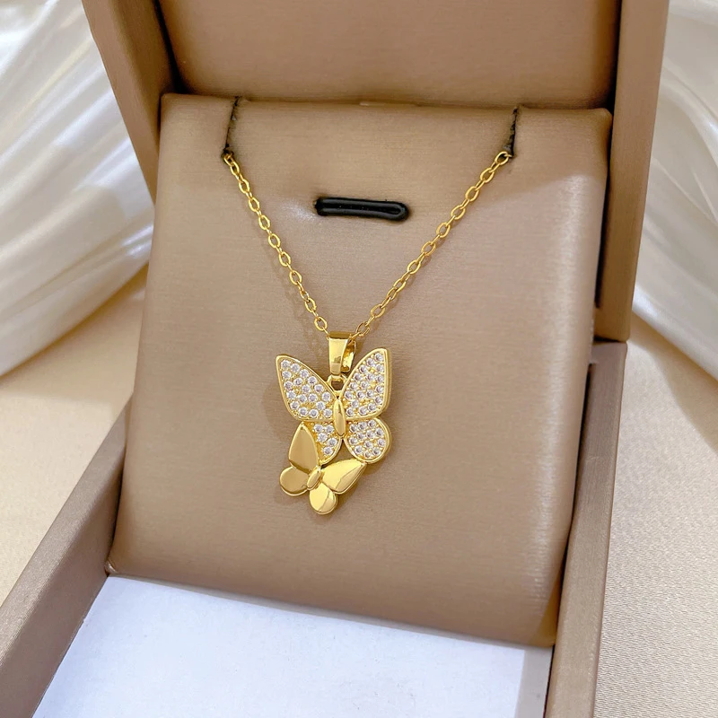 Stainless Steel Golden Butterfly Inlay Rhinestones Pendant Necklace Women New Fashion Neck Chain Jewelry Glamorous
