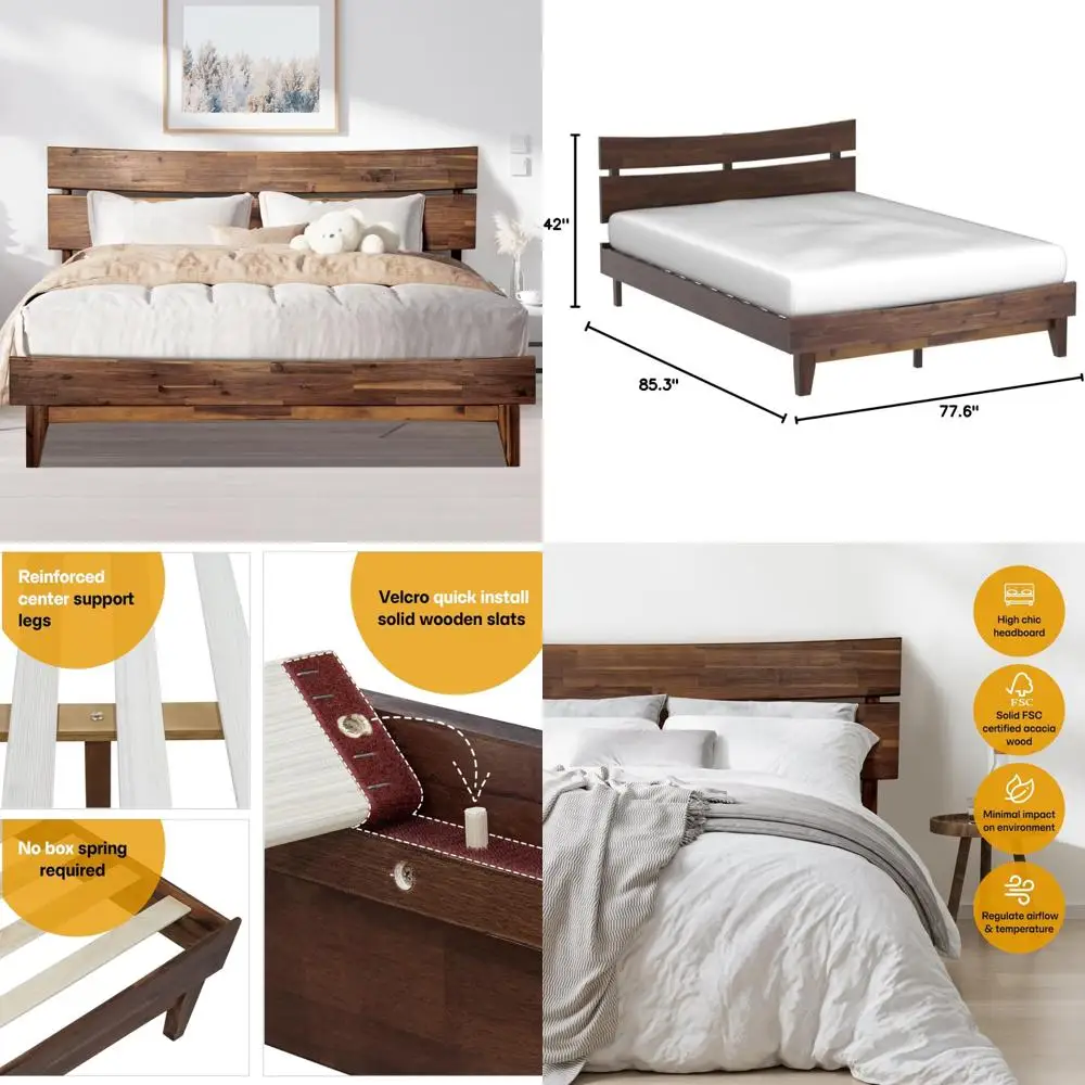 

King Size Acacia Aurora Solid Wood Bed with Headboard, Easy Assembly, No Box Spring Required, Chocolate Finish