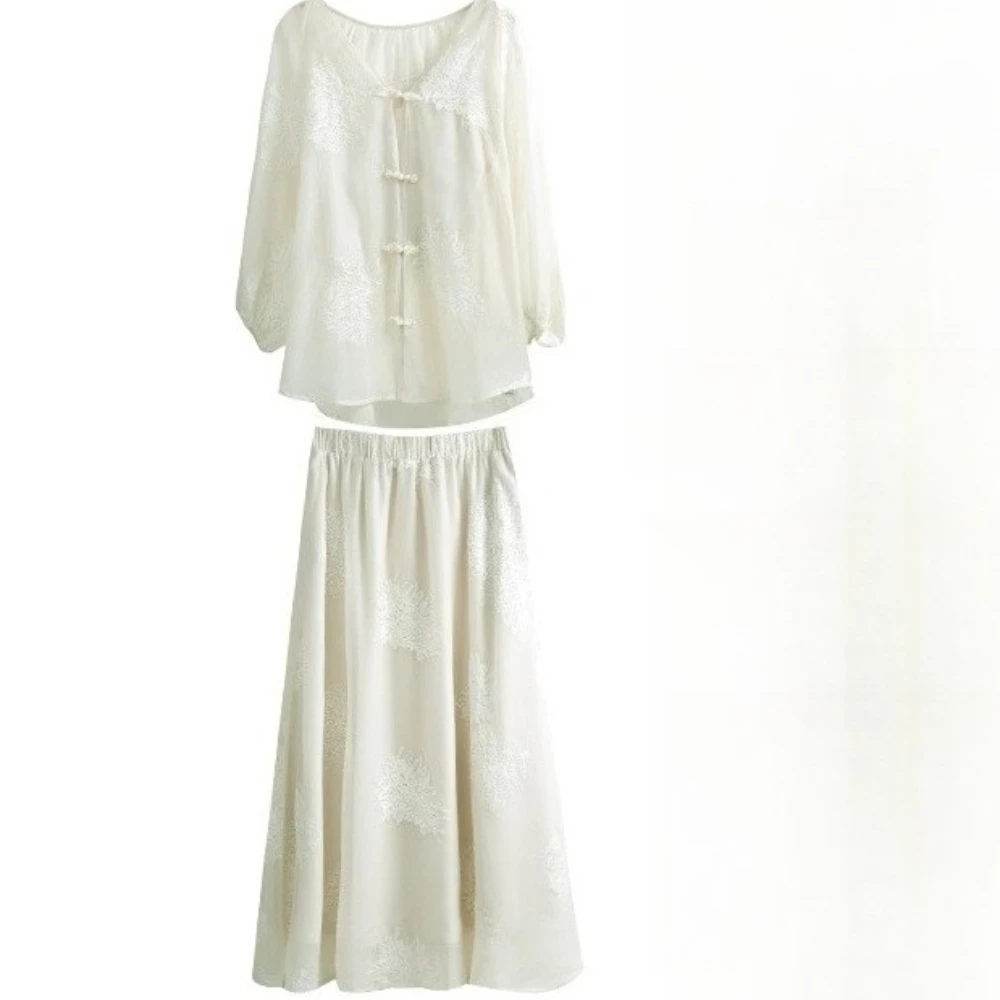OLrain Women 2026 Summer Chiffon Embroidery V-neck Tops A-line High Waist Skirts Chinese Style Female Matching Set O24CE88503 view 6