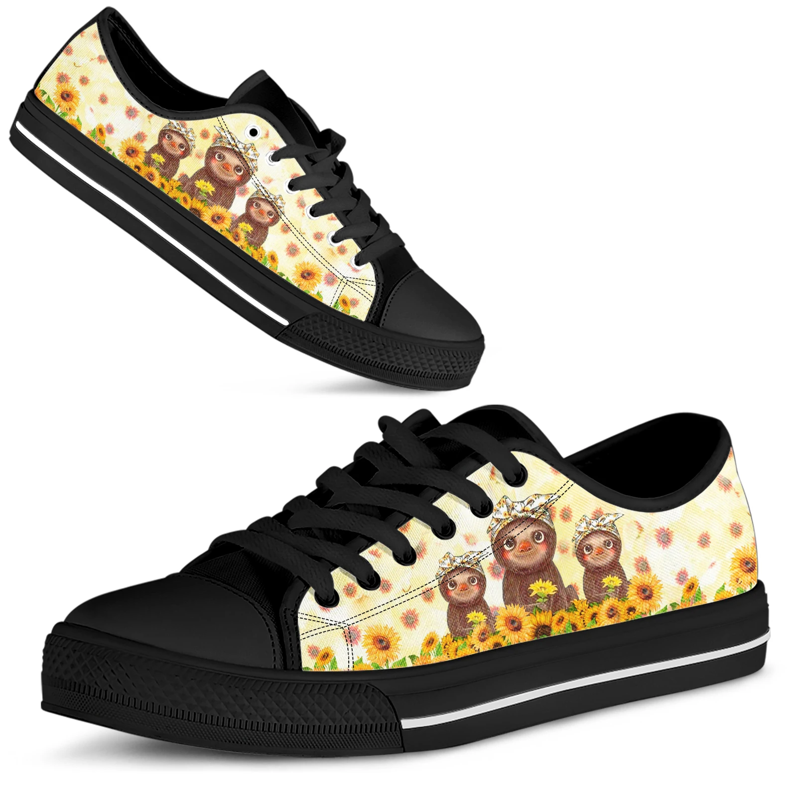 ELVISWORDS Sunflower Print Cartoon Sloth Design Brand Canvas Shoes Lightweight Lace-up Outdoor Shoes Soft Sole Walking Shoes