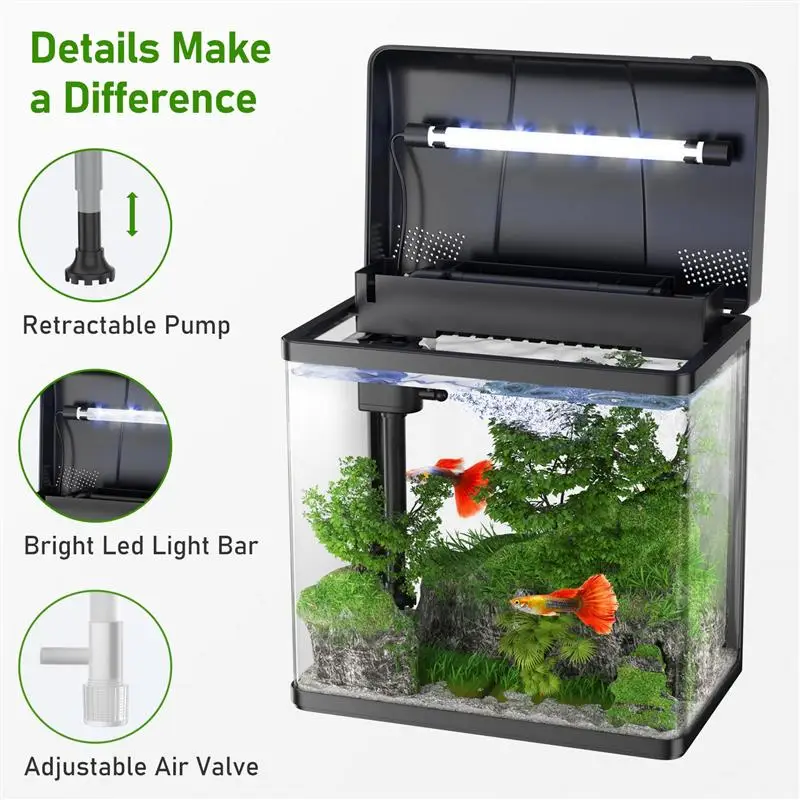 Fish Tank 1.7 Gallon Glass Aquarium With Air Pump LED Light Filter Small Fish Tank For Betta Fish Starter Kit Aquarium Fish Tank