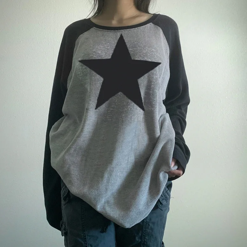 

Autumn Winter Women's Fashion Star Printing Long Sleeve Y2k Elastic Loose Round Neck Crop T-shirt Tees Tops