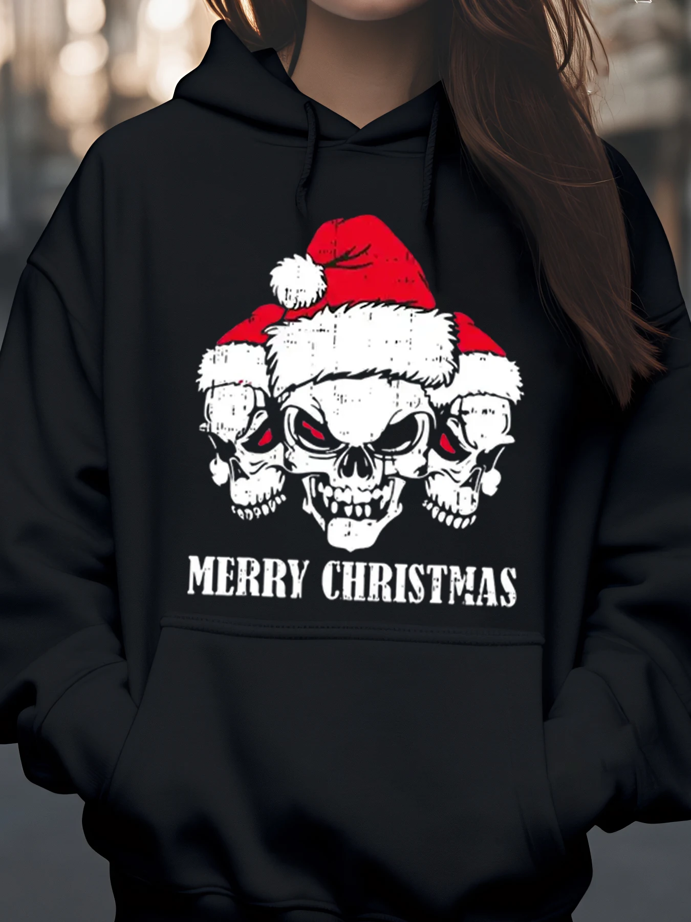 

Skull Santa Hat Merry Christmas Print Hoodie Holiday Casual Wear Unisex