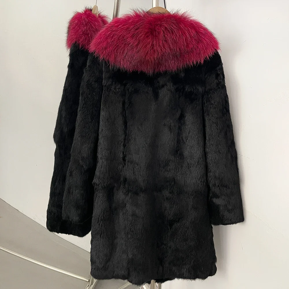 OFTBUY Neue Luxuriöse Vollpelz-Winterkleidung Damenjacke Mittellang Echter Kaninchenfellmantel mit Echtfuchsfellkragen – Detail 9