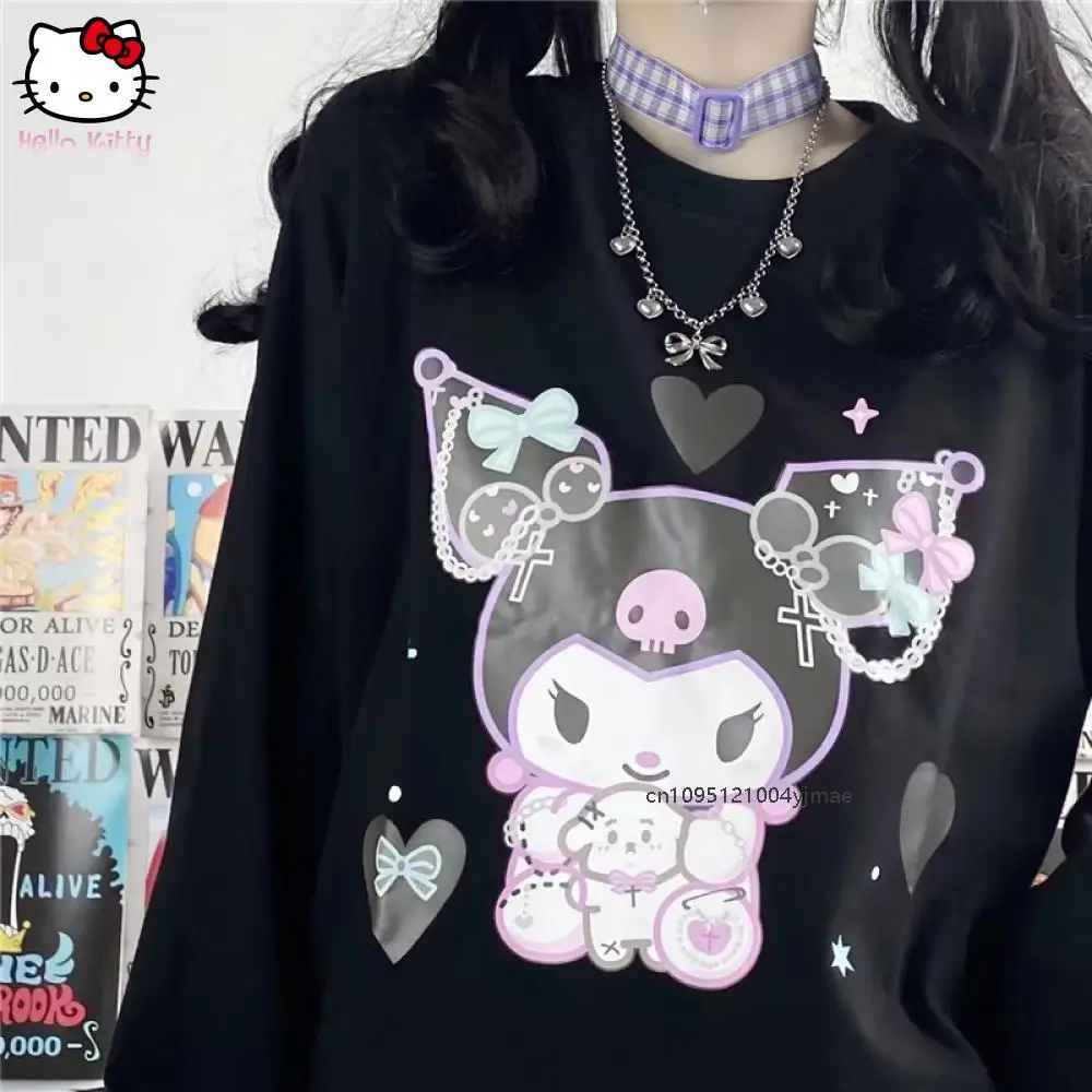Sanrio kuromi harajuku estilo japonês doce dos desenhos animados sanrio kuromi impresso manga longa camiseta o-pescoço camiseta meninas topos kawaii