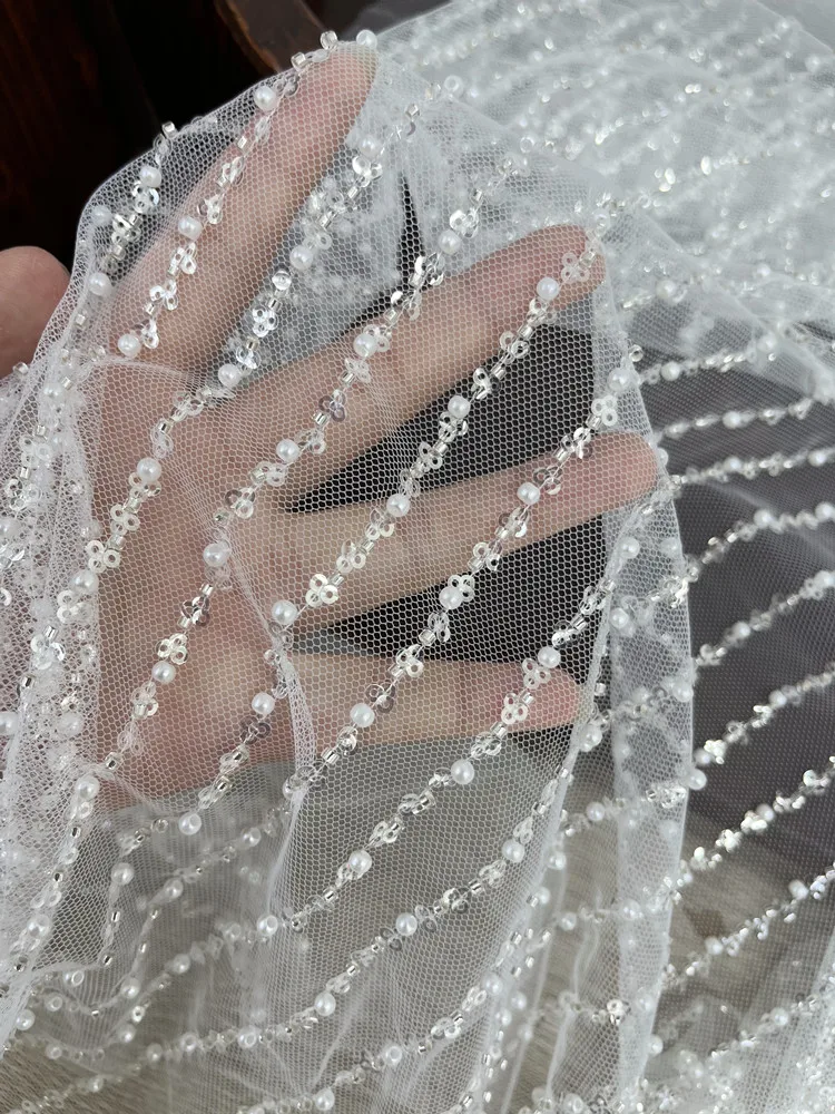 Refined Handmade Lace Beaded Sequins Vertical Stripe Mesh Draping Fabric for Wedding Dress Fabric