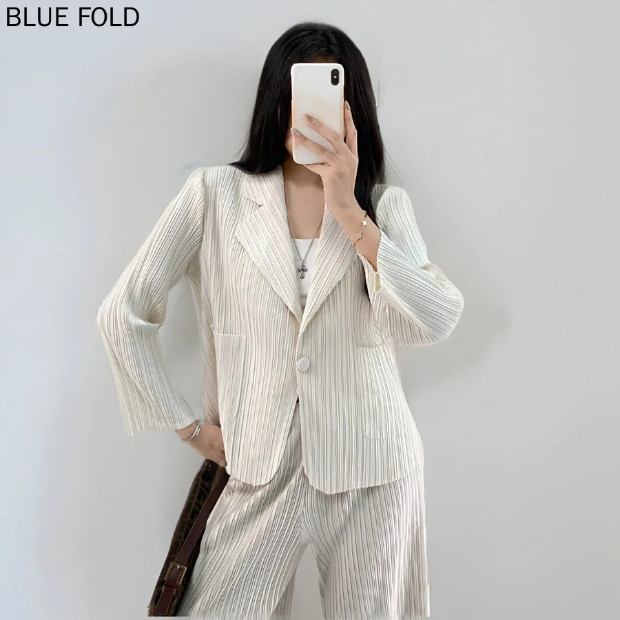 Miyake Jacket for Women High-end Temperament Professional Solid Color Long-sleeved Cardigan Versatile Casual Blazers Coats