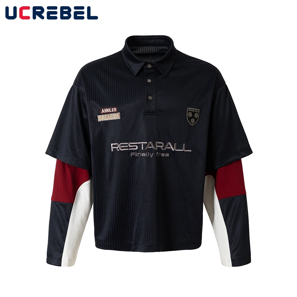 

Contrast Paneled Polo Shirt Mens Autumn Letter Embroidery High Street Lapel Loose Long Sleeve Tops Man