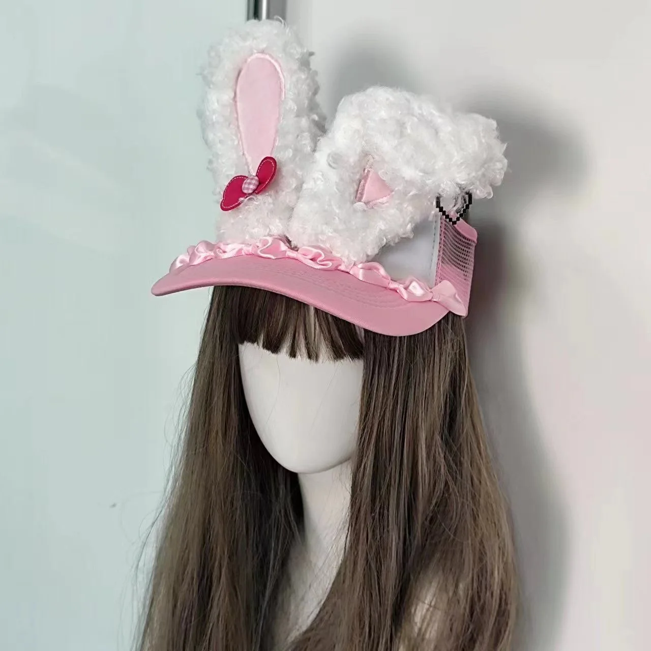Original Lolita Kawaii Creme Rosa Spitze Hase Kaninchen Ohr Schleife Landmine Y2k Subkultur Leere Kappe