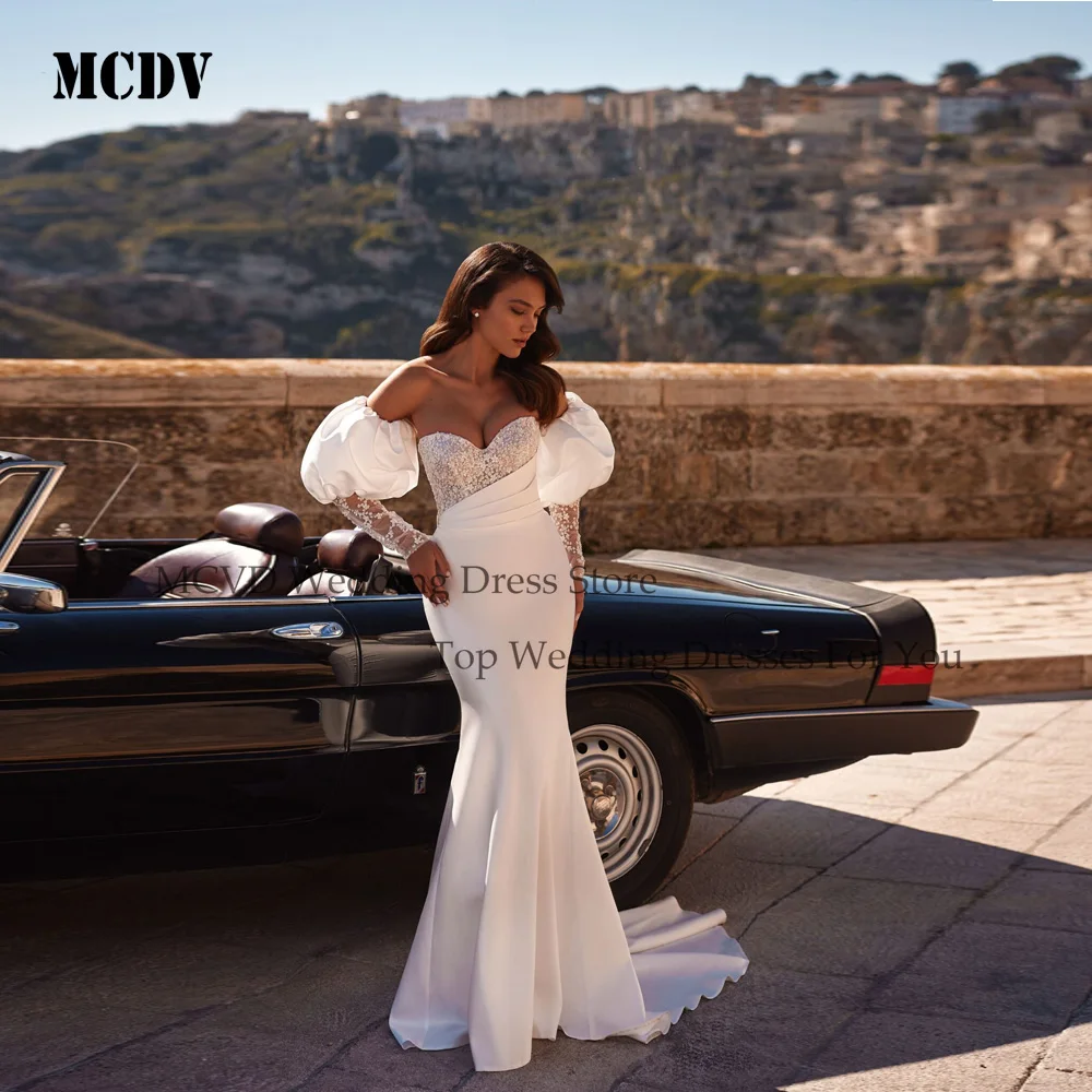 

MCDV Mermaid Wedding Dresses Sequined Satin Full Sleeve Detachable Train Sweetheart Bridal Gown Vestidos De Noiva Customized