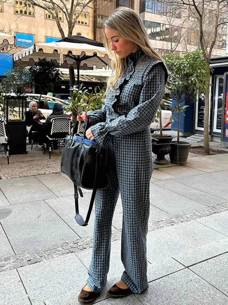 Women Casual Buttons Full Sleeve Tops 2 Piece Set Vintage Plaid Ruffles Shirt Straight Pants Suit 2025 Ladies Chic Street Outfit