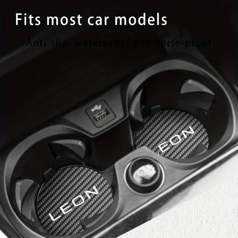 2pcs Carbon Fiber Coaster Car Water Cup Anti-slip Pad Mat Auto Interior Scratch-Resistant for SEAT Leon Mk1/Mk2/Mk3/Ateca