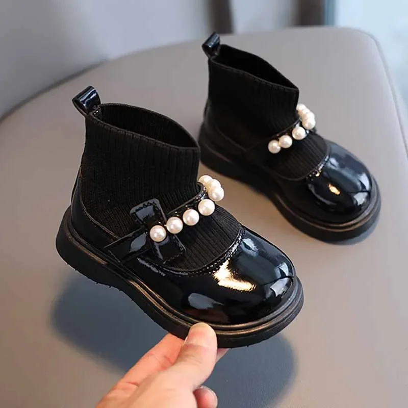 Girls Princess Boots Autumn Winter Children Thin Cashmere Lined Sock Shoes Toddler Fashion Beading Leather Boots Non-slip Shoes