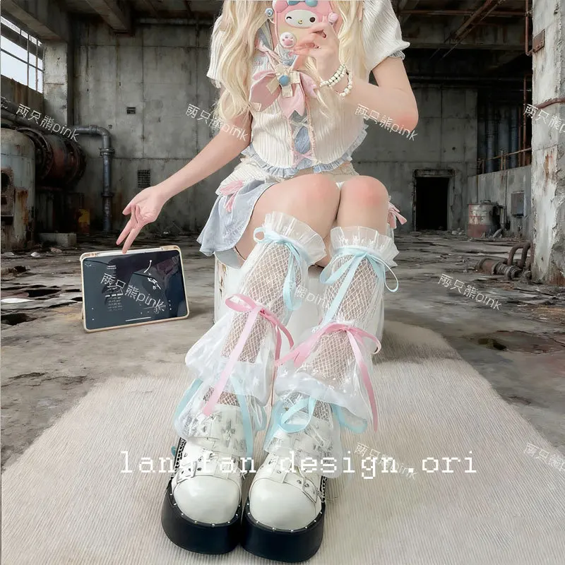 

Lolita Lace Calf Socks Women's French Ribbon Splicing Bow Ballet Socks Cover Medium Tube Mesh Leg Cover Thin