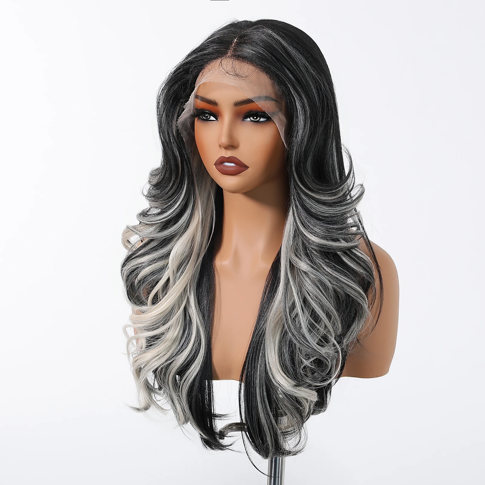 HENRY MARGU Long Wavy Synthetic Lace Front Wig Black White Highlight Curly Wig 13*4 Lace Frontal Natural Wig for Women Daily Use