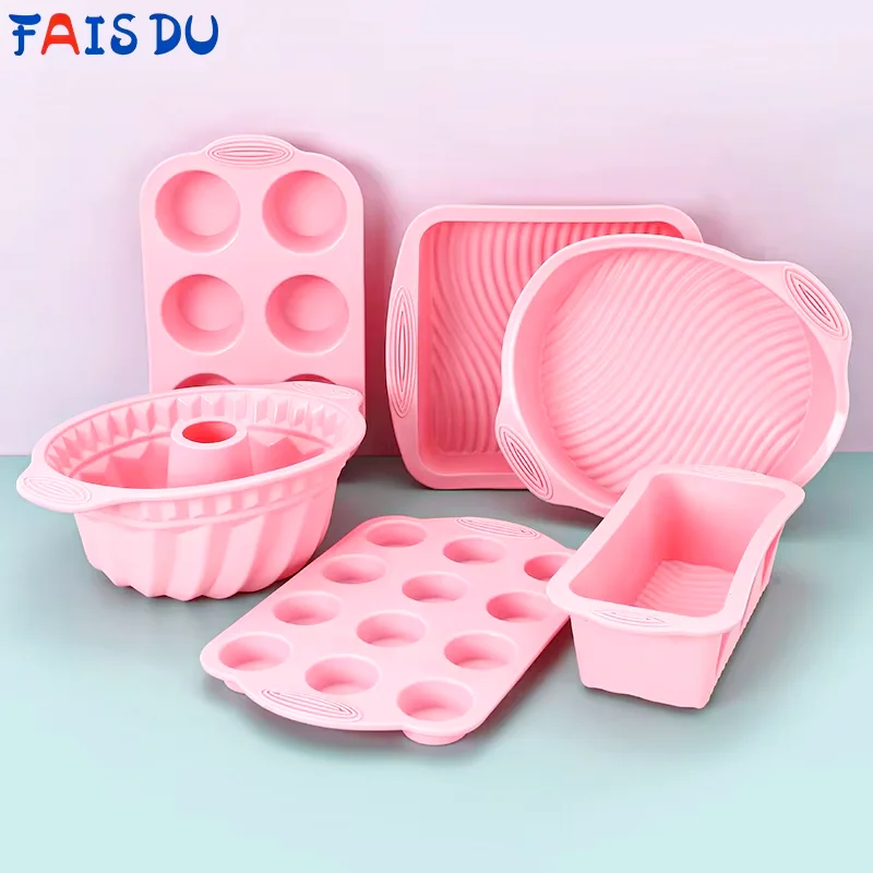 FAIS DU Pink Nonstick Silicone Bakeware Set Baking Cake Pan for Pastry Cake Muffin Cupcake Bread Molds Baking Accessories Tools