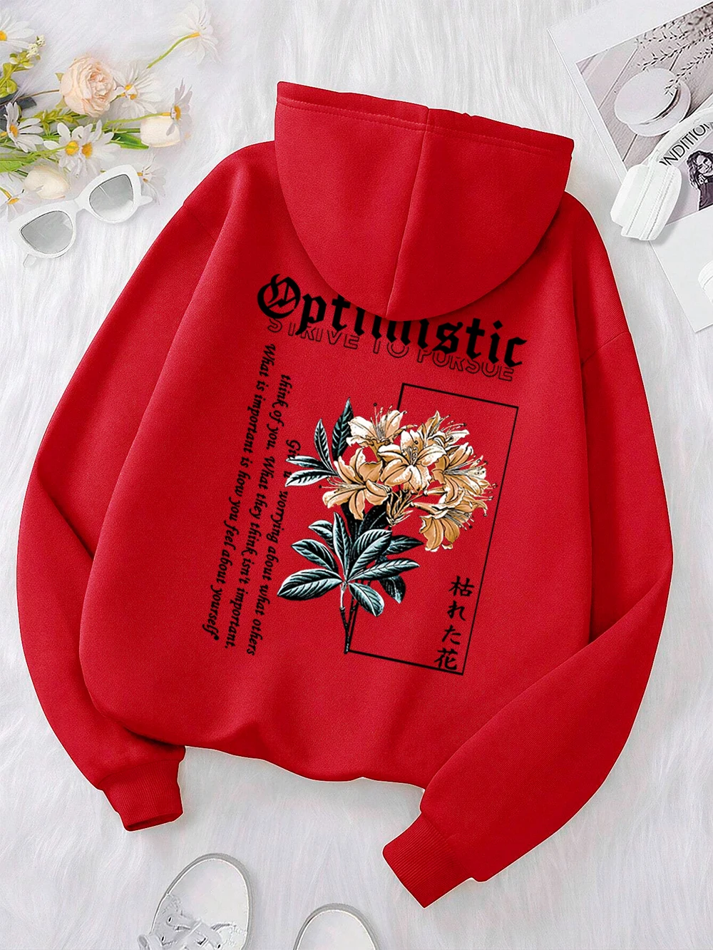 Optymistyczne bluzy z kapturem Strive To Porsue Harajuku Flower Mężczyźni Kobiety Hip Hop Street Clothes Fleece Sportswear Casual Pullovers Hoody — zdjęcie 6