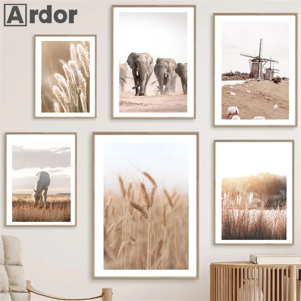 Beige Reed Flower Cow Sheep Horse Landscape Wall Art Canvas Painting Posters And Prints Picture Living Room Home Decor Aesthetic