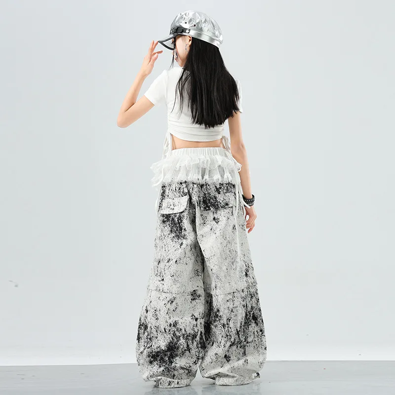 Meisjes K-pop Mode Crop Top Street Dance Losse Splash Inkt Cargo Broek Kinderen Hip Hop Kleding Set Kids streetwear Jazz Kostuum