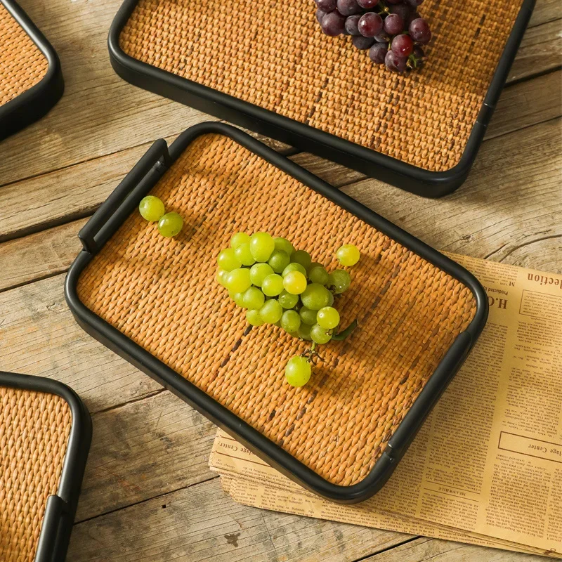 Bohemian Antique Rattan Woven Iron Tray Home Dim Sum Plate with Bread Handle Restaurant Hotel Home Stay Wooden Tea Plate