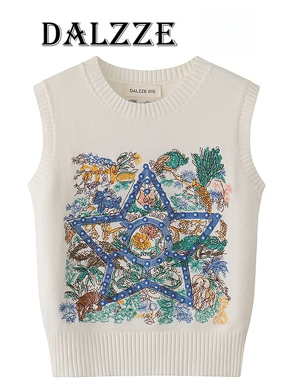 سترة نسائية محبوكة بتطريز ثقيل من مجموعة الربيع، تصميم دائري بدون أزرار مع نمط النجوم