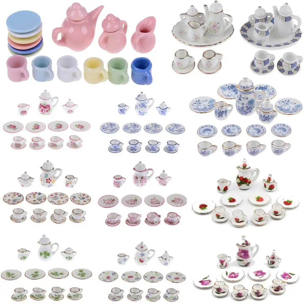 1 Set Ceramic Cup Set Scale 1:12 Doll House Miniature Porcelain Tea Cup Set Tableware Kitchen Dollhouse Teapot DIY Toys