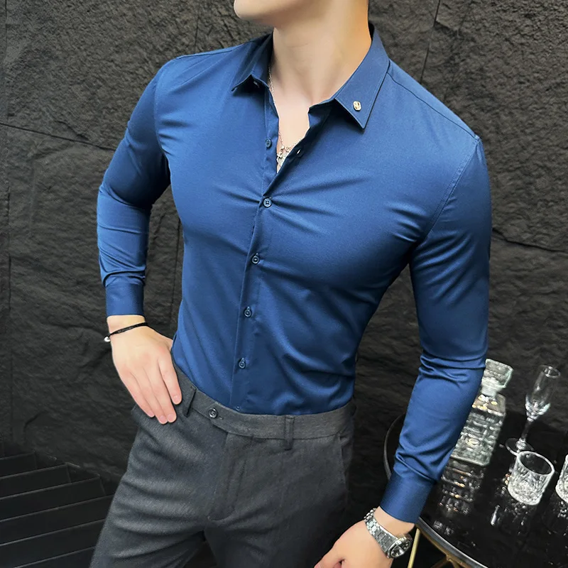 

British Style Casual Shirt Men Long Sleeve Solid Color Slim Business Dress Shirts Streetwear Social Party Tuxedo Blouse M-4XL