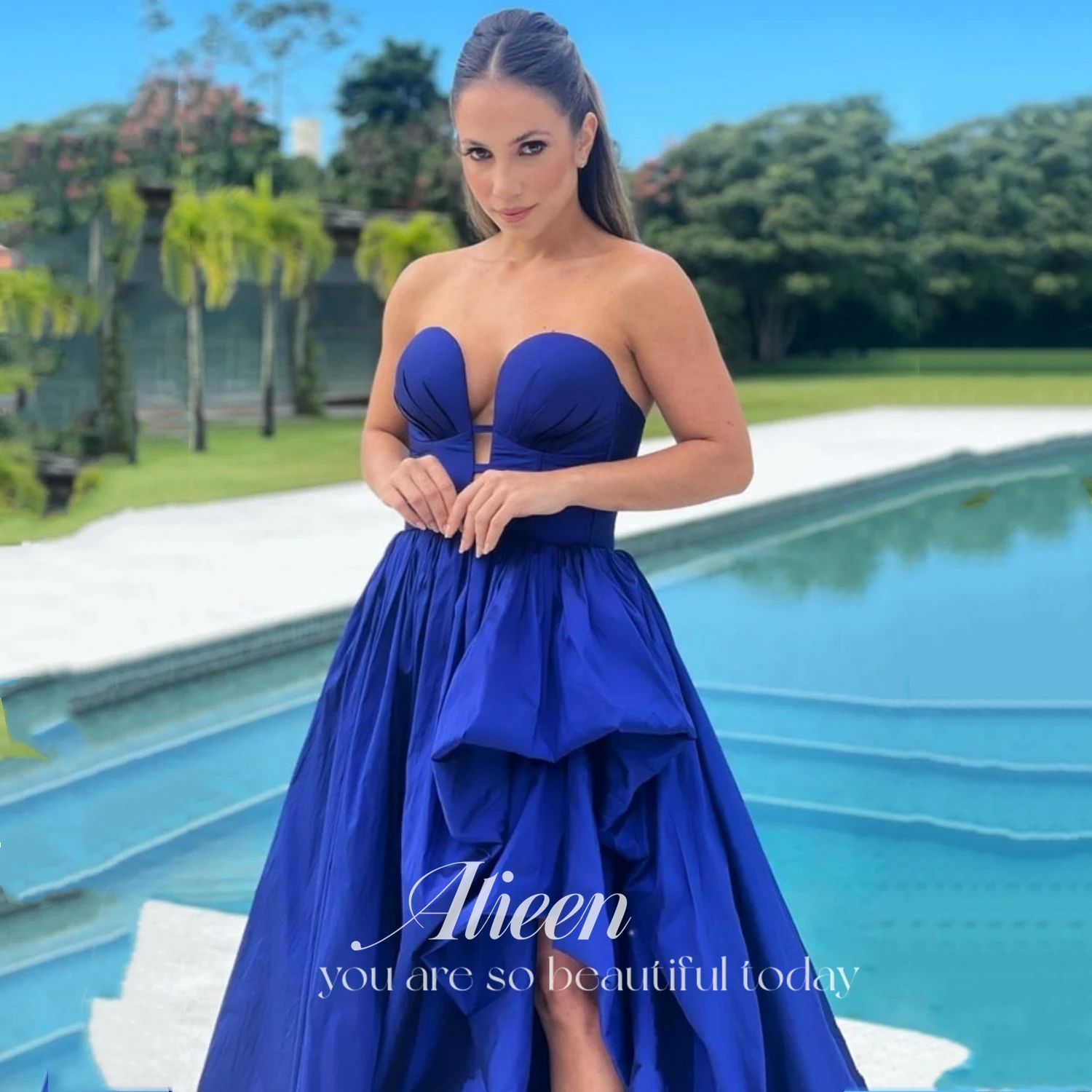 

Aileen Sexy A-Line Prom Dresses Blue Sweetheart Evening Dress With Pocket Formal Tea Length Cocktail Party Gowns Custom Size