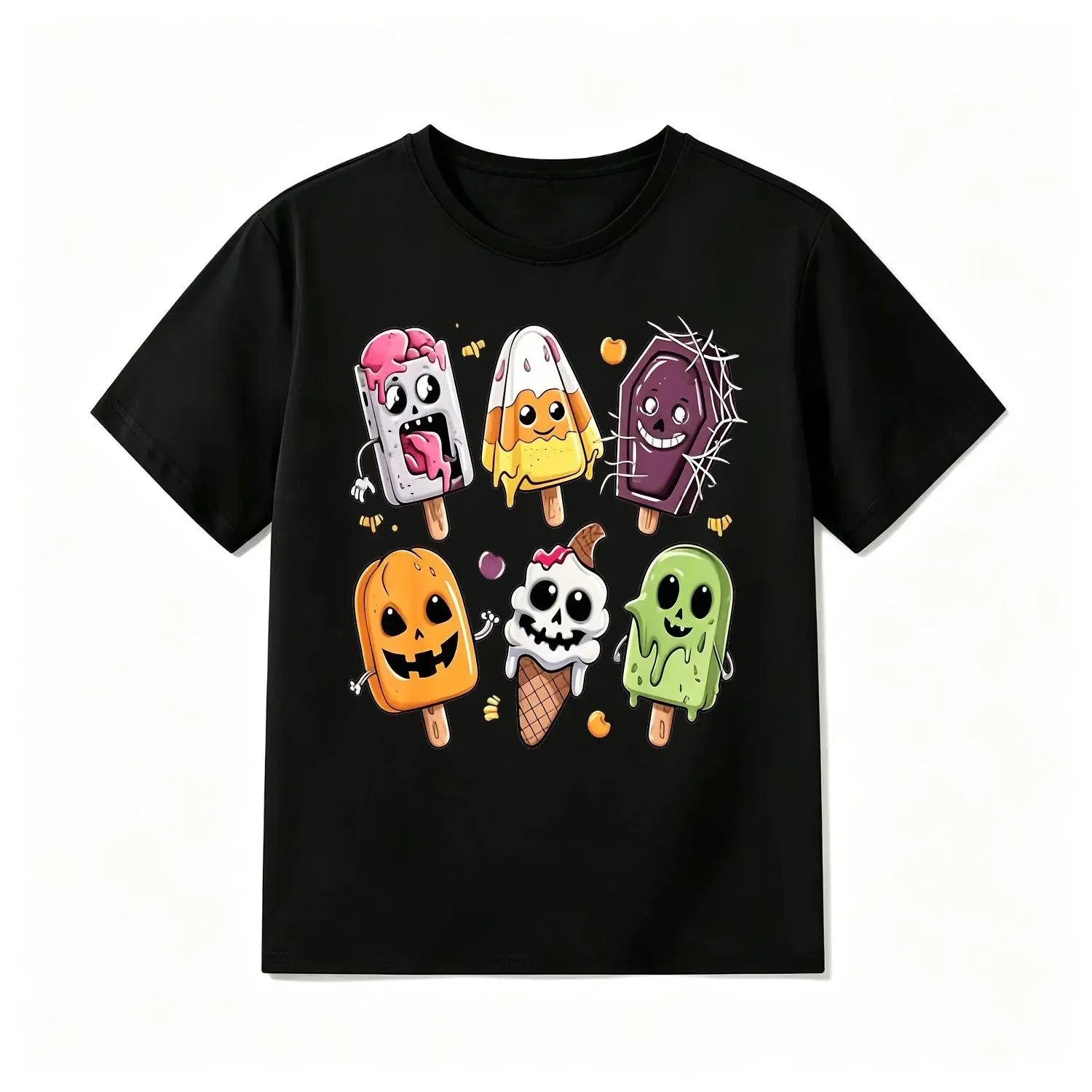 Boys' Crew Neck Short Sleeve Casual Tee - Halloween Print Short Sleeve Tops, Spooky Popsicle, Mummy, Vampire, Lollipop, Ice Cream Cone Designs, Kid’s Wear for Summer Party, Multi-Size Sports & Outdoor Clothing