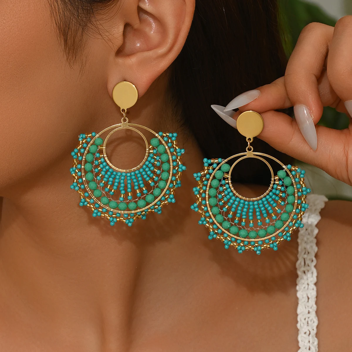 NONE Boho Fan-Shaped Beaded Drop Earrings for Women