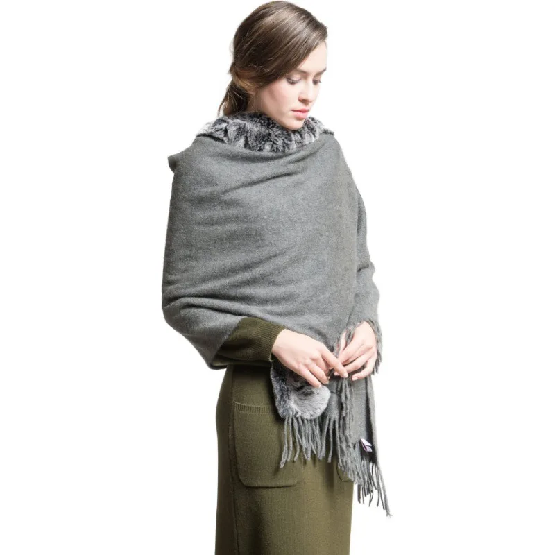 Quastenbesatz 100% Wolle mit Echtem Rex-Kaninchenfell Einfarbiger Schal Modisches Accessoire für Damen – Detail 5