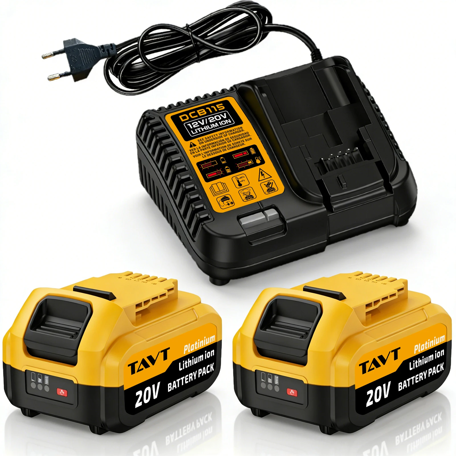Аккумулятор для электроинструмента Dewalt 20V + зарядное устройство с европейской вилкой, совместимое с DCB120, DCB115, DCB206, DCB200, DCB205, электроинструментами Dewalt.